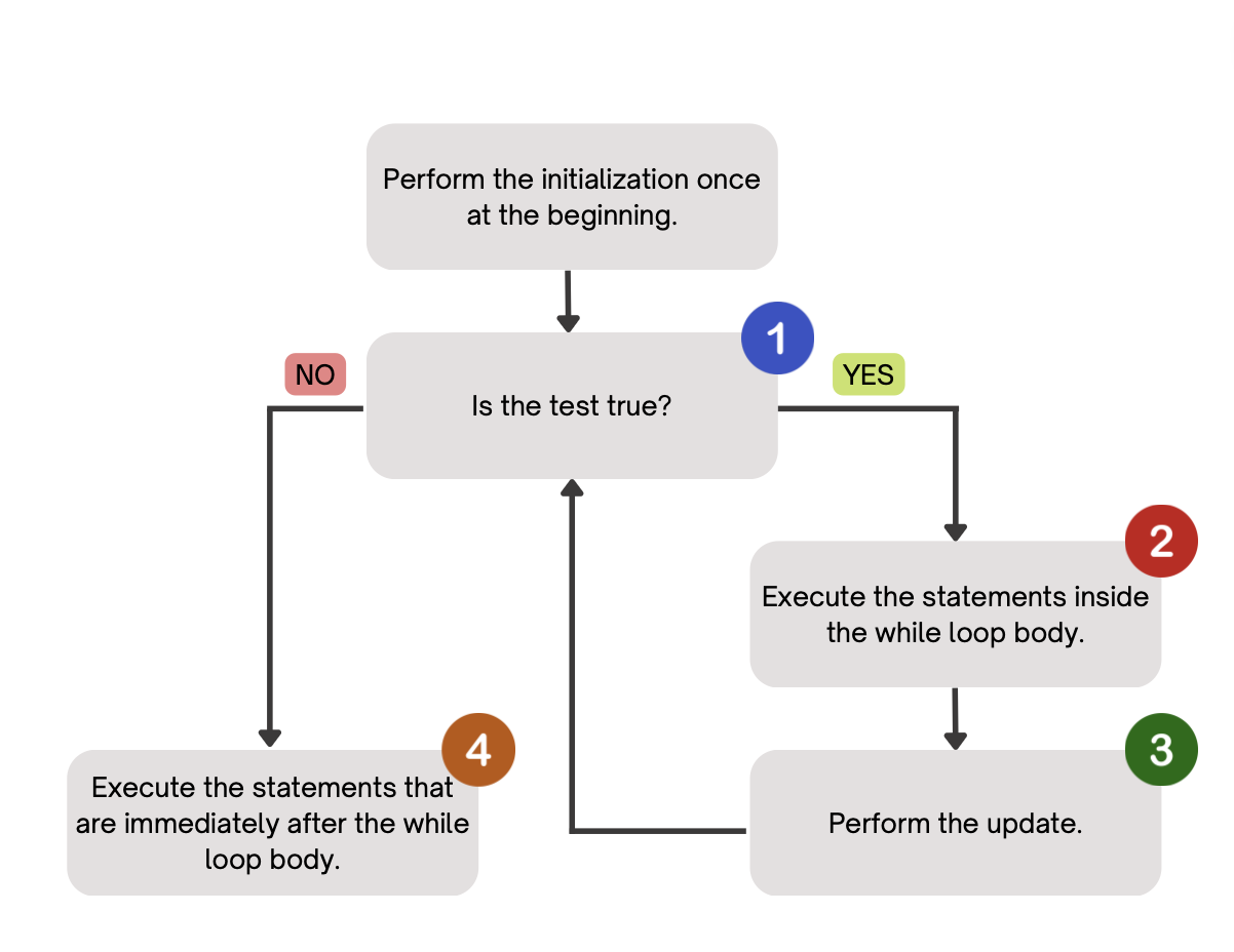 Diagram of the while loop control flow: Perform the initialization once at the beginning. Is the test true? If yes, execute the statements inside the while loop body, then perform the update. Repeat until the condition is no longer true. Once the condition is false, execute the statmeents that are immediately after the loop body.